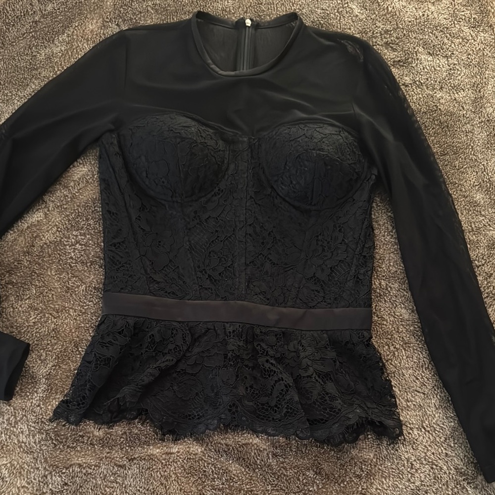 Black Long Sleeve Bodysuit with Bustier Peplum Design
